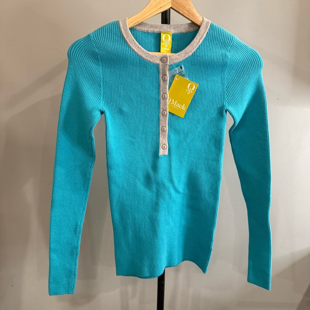 QMack Teal Ribbed Long-Sleeve Henley with Beige Trim